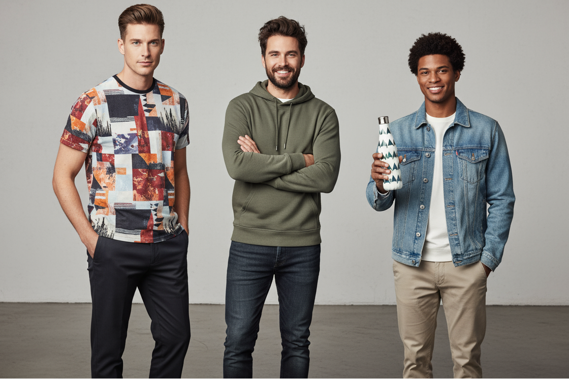 Create a background image for my website's about us page. Add 3 images of male models one wearing printed t-shirt,one wearing hoodie and one of them showcasing the printed water bottle.