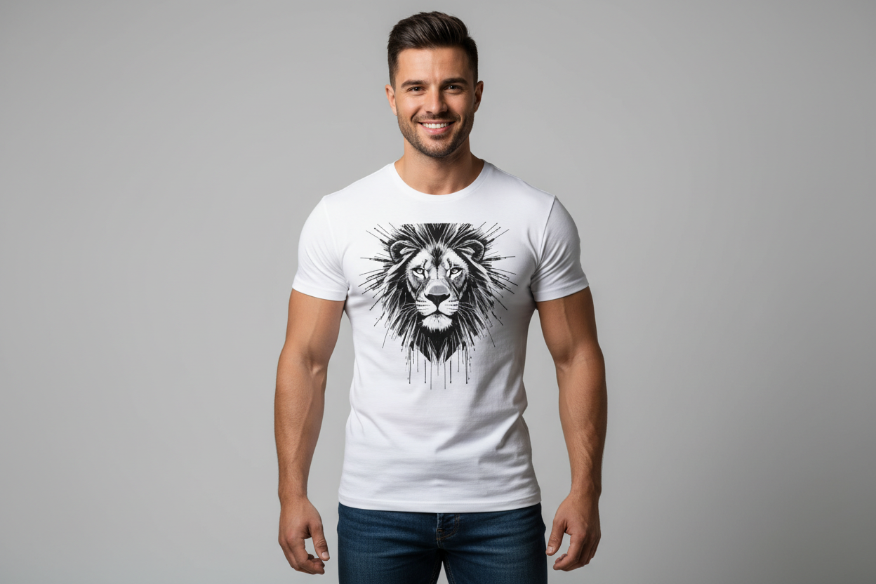 generate an image of a handsome muscular man wearing a white color t-shirt with a printed design
