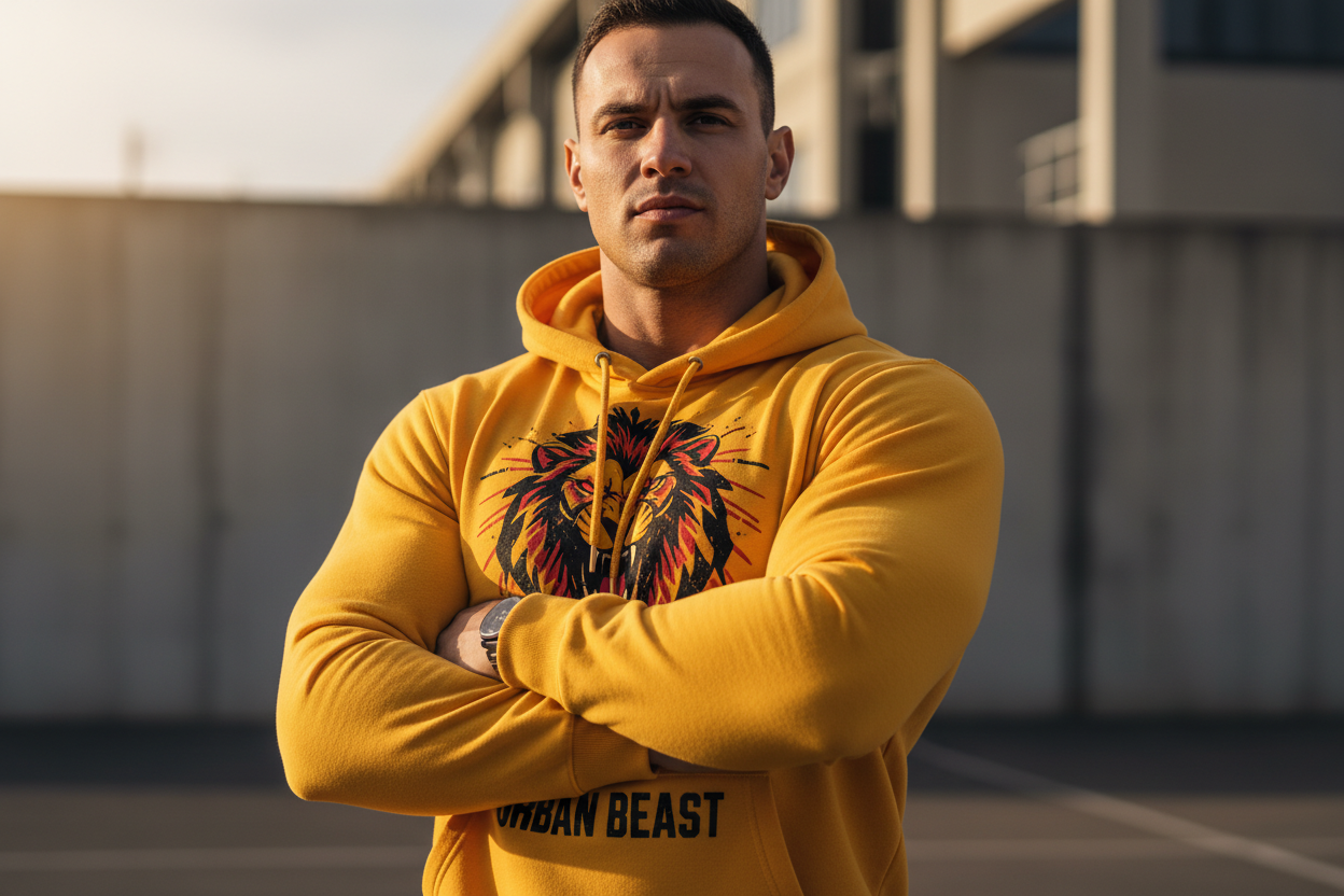 Generate an image of a handsome muscular man wearing a yellow color hoodie with a printed design on it